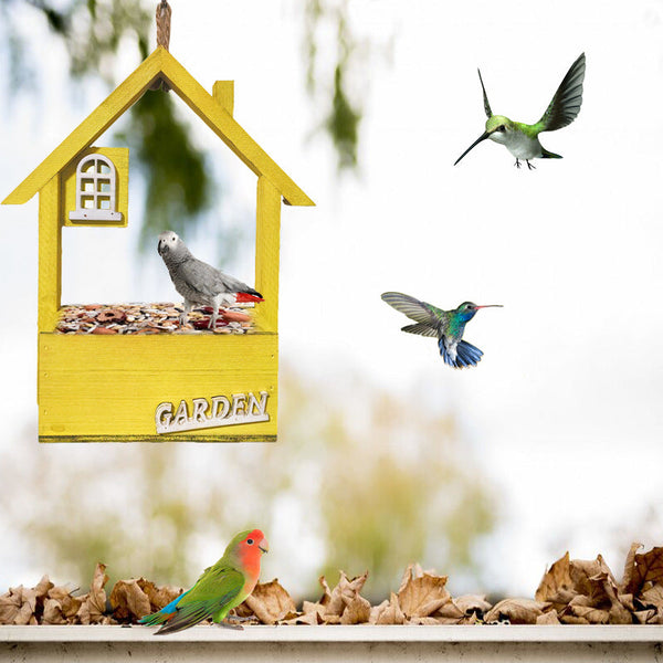 Yellow Charming Wooden House Hanging Bird Feeder Attract Wild Birds To Your Garden Feeders