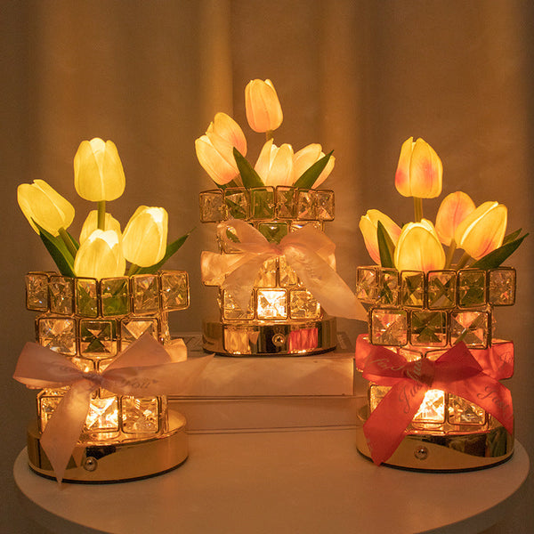 Red Elegant Crystal Tulip Led Night Light Rechargeable Touch Lamp With 3 Colors & Dimming Lamps