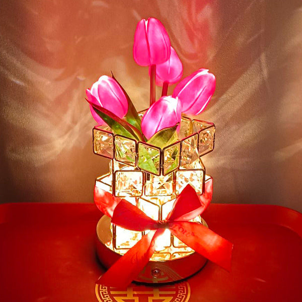 Red Elegant Crystal Tulip Led Night Light Rechargeable Touch Lamp With 3 Colors & Dimming Lamps