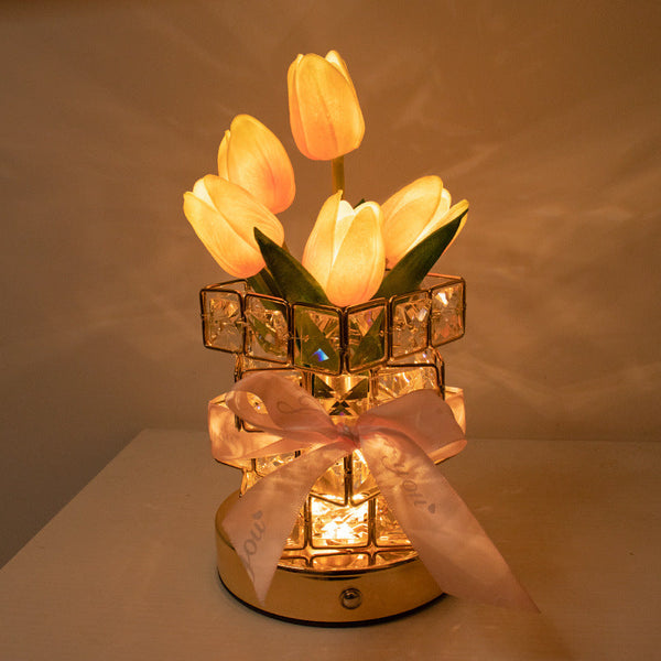 Red Elegant Crystal Tulip Led Night Light Rechargeable Touch Lamp With 3 Colors & Dimming Lamps