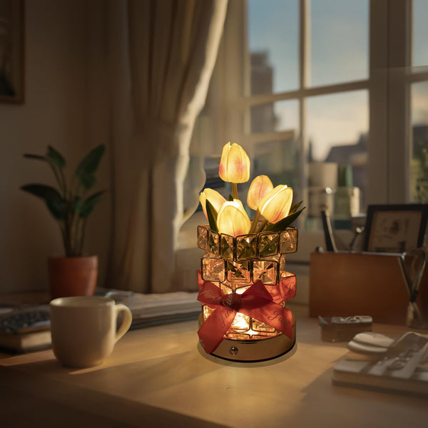 Red Elegant Crystal Tulip Led Night Light Rechargeable Touch Lamp With 3 Colors & Dimming Lamps