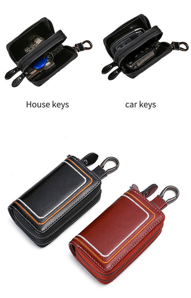 Black Premium Genuine Leather Double Zipper Key Case Car & House Organizer Pouch Wallets