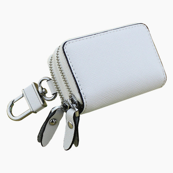 White Compact Crossgrain Leather Double Zipper Key Case Stylish Car & Home Organizer Rfid Readers & Writers