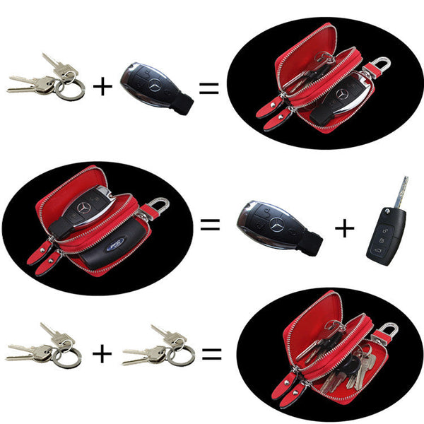 White Compact Crossgrain Leather Double Zipper Key Case Stylish Car & Home Organizer Rfid Readers & Writers