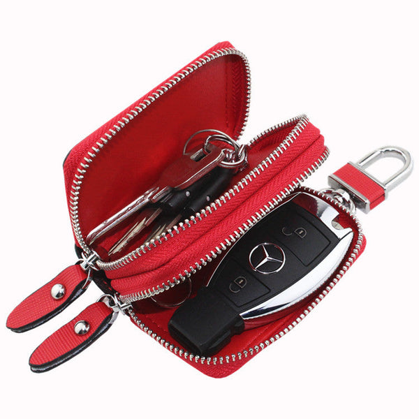 White Compact Crossgrain Leather Double Zipper Key Case Stylish Car & Home Organizer Rfid Readers & Writers