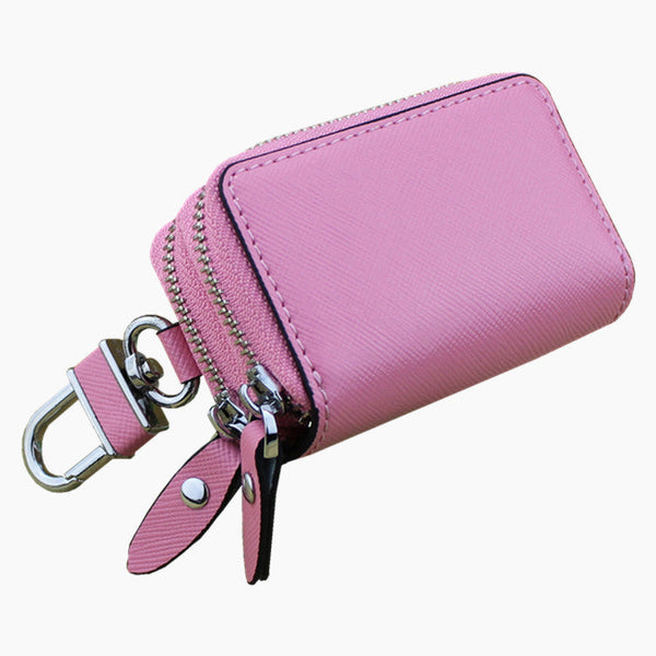 White Compact Crossgrain Leather Double Zipper Key Case Stylish Car & Home Organizer Rfid Readers & Writers