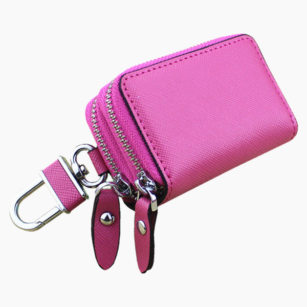 White Compact Crossgrain Leather Double Zipper Key Case Stylish Car & Home Organizer Rfid Readers & Writers