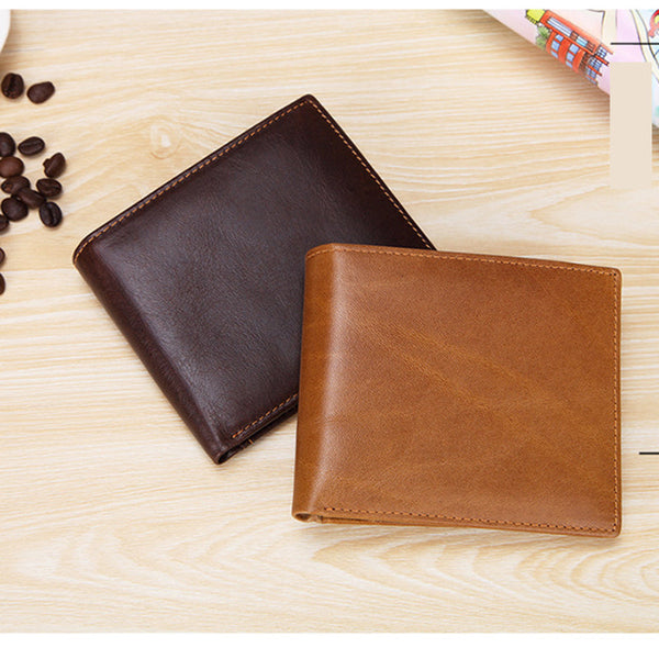Coffee Genuine Leather Rfid Blocking Wallet For Men Vintage Bifold With Coin Pocket & Id Window Wallets