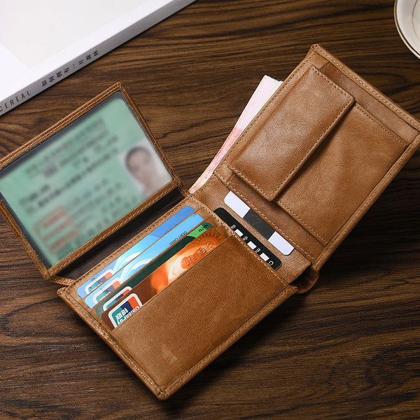 Coffee Genuine Leather Rfid Blocking Wallet For Men Vintage Bifold With Coin Pocket & Id Window Wallets