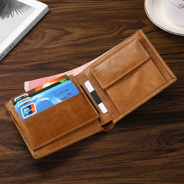 Coffee Genuine Leather Rfid Blocking Wallet For Men Vintage Bifold With Coin Pocket & Id Window Wallets