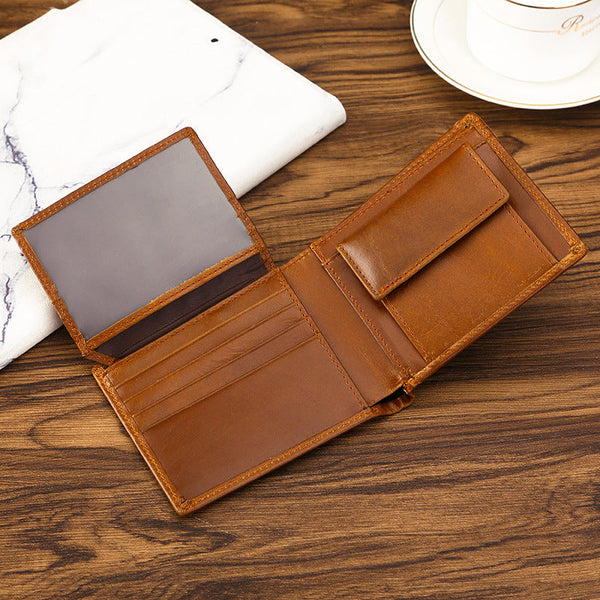Coffee Genuine Leather Rfid Blocking Wallet For Men Vintage Bifold With Coin Pocket & Id Window Wallets