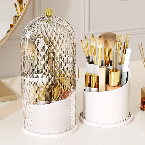 White Elegant 360 Rotating Makeup Brush Holder & Cosmetic Organiser With Dustproof Dome Lid (Makeup Is A Prop For Shooting And Not Included) Brushes