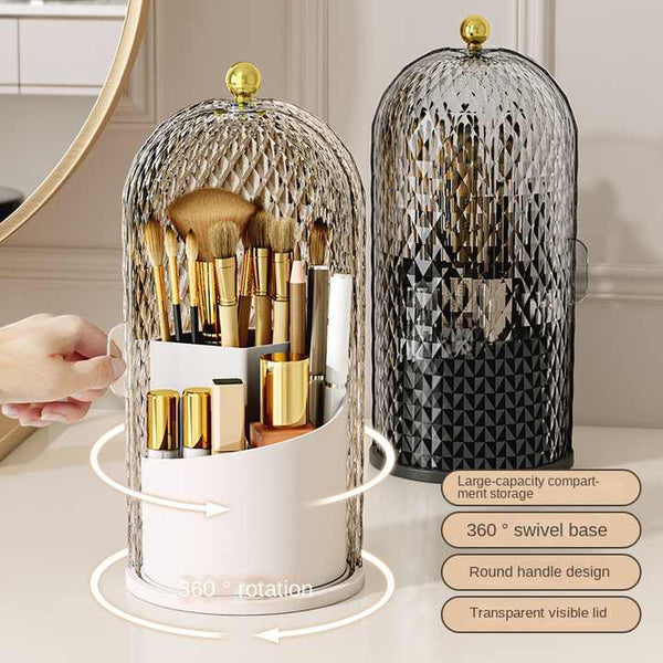 White Elegant 360 Rotating Makeup Brush Holder & Cosmetic Organiser With Dustproof Dome Lid (Makeup Is A Prop For Shooting And Not Included) Brushes
