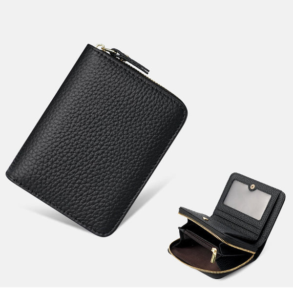 Black Compact Rfid Genuine Leather Wallet For Women Secure Zipper Card Holder & Coin Purse Wallets
