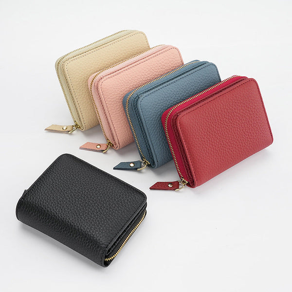 Black Compact Rfid Genuine Leather Wallet For Women Secure Zipper Card Holder & Coin Purse Wallets