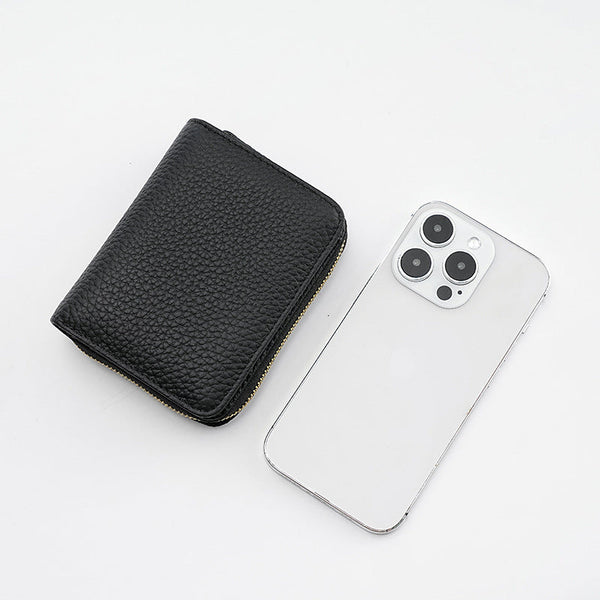 Black Compact Rfid Genuine Leather Wallet For Women Secure Zipper Card Holder & Coin Purse Wallets