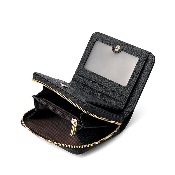 Black Compact Rfid Genuine Leather Wallet For Women Secure Zipper Card Holder & Coin Purse Wallets