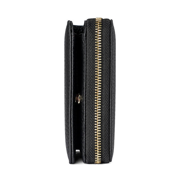 Black Compact Rfid Genuine Leather Wallet For Women Secure Zipper Card Holder & Coin Purse Wallets