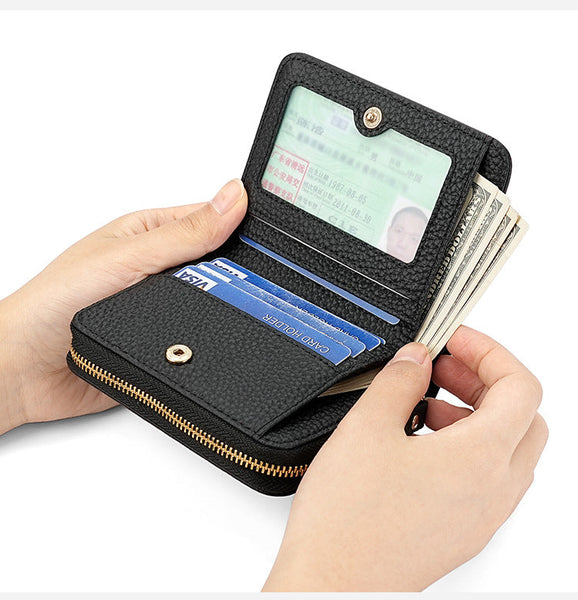 Black Compact Rfid Genuine Leather Wallet For Women Secure Zipper Card Holder & Coin Purse Wallets
