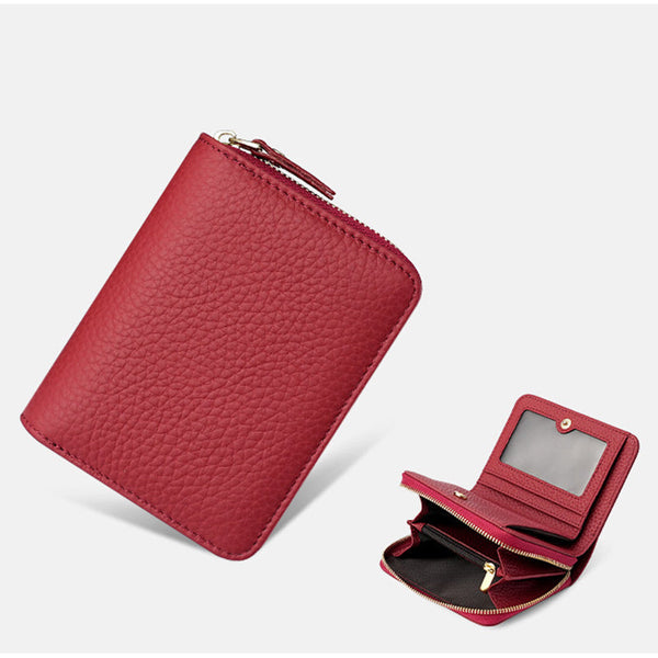 Black Compact Rfid Genuine Leather Wallet For Women Secure Zipper Card Holder & Coin Purse Wallets