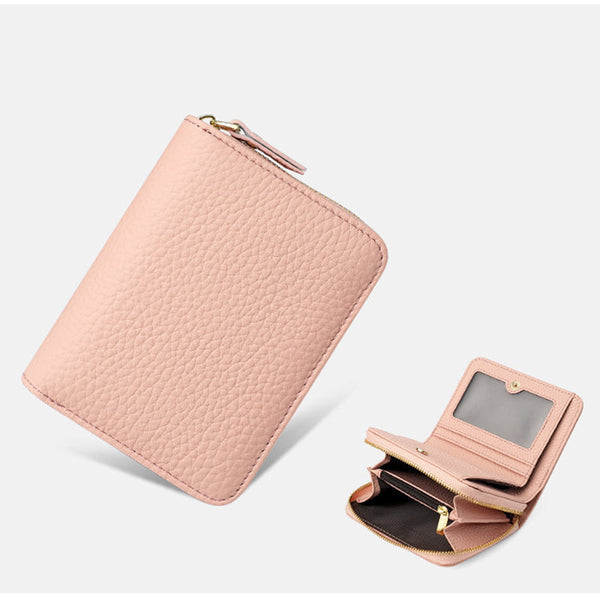 Black Compact Rfid Genuine Leather Wallet For Women Secure Zipper Card Holder & Coin Purse Wallets