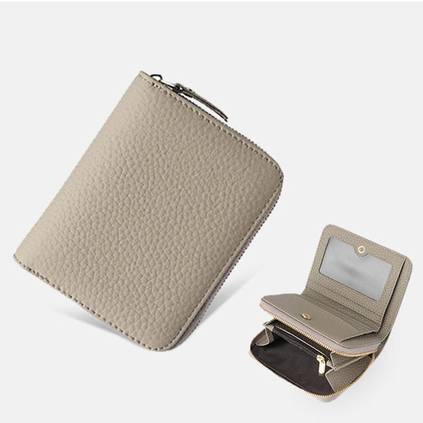 Black Compact Rfid Genuine Leather Wallet For Women Secure Zipper Card Holder & Coin Purse Wallets