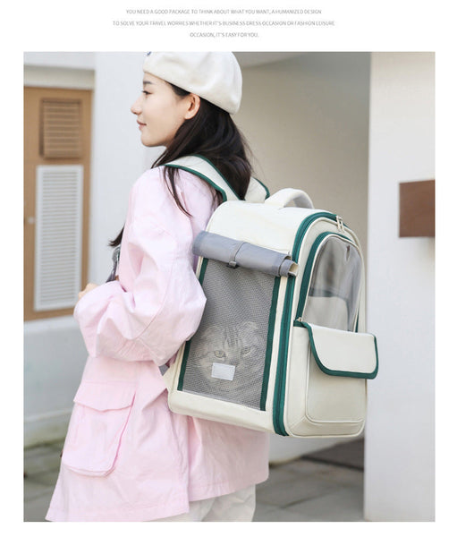 Beige And Green Spacious Pet Carrier Backpack With Clear Window Comfortable Travel Bag For Cats Small Dogs Small Animal Supplies