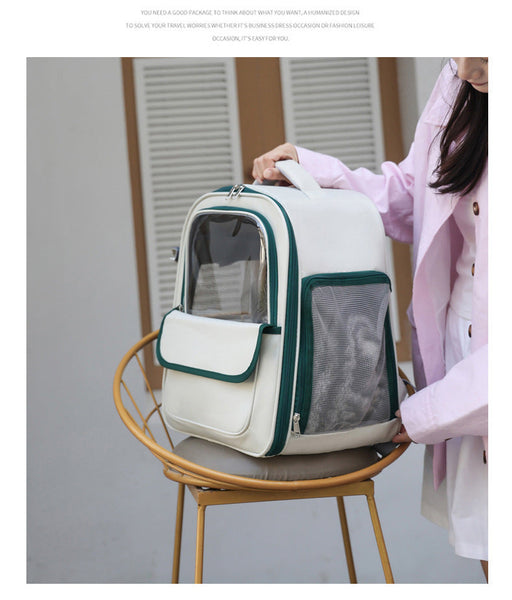Beige And Green Spacious Pet Carrier Backpack With Clear Window Comfortable Travel Bag For Cats Small Dogs Small Animal Supplies
