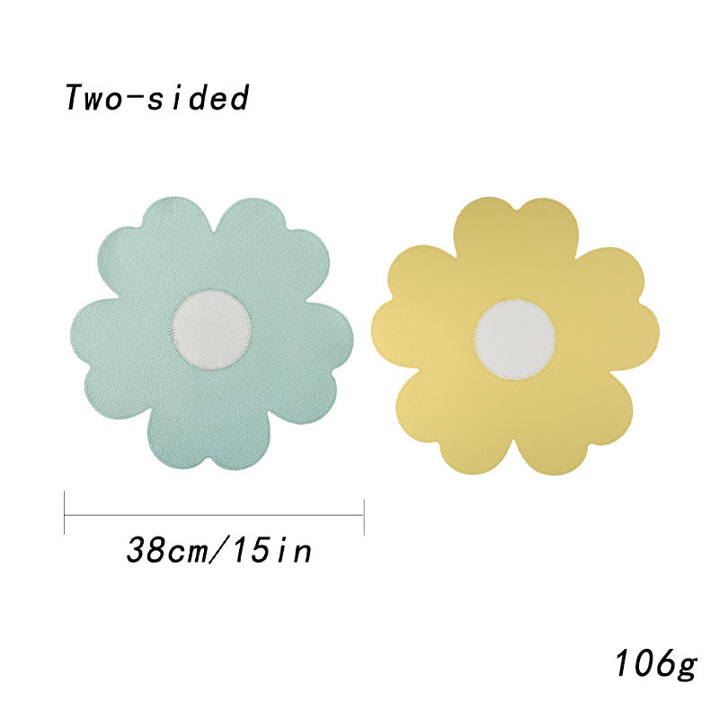 Blue Background With White Heart + Set Of 6 Reversible Flower Shaped Waterproof Pu Leather Dining Table Mats Placemats