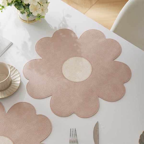 Blue Background With White Heart + Set Of 6 Reversible Flower Shaped Waterproof Pu Leather Dining Table Mats Placemats