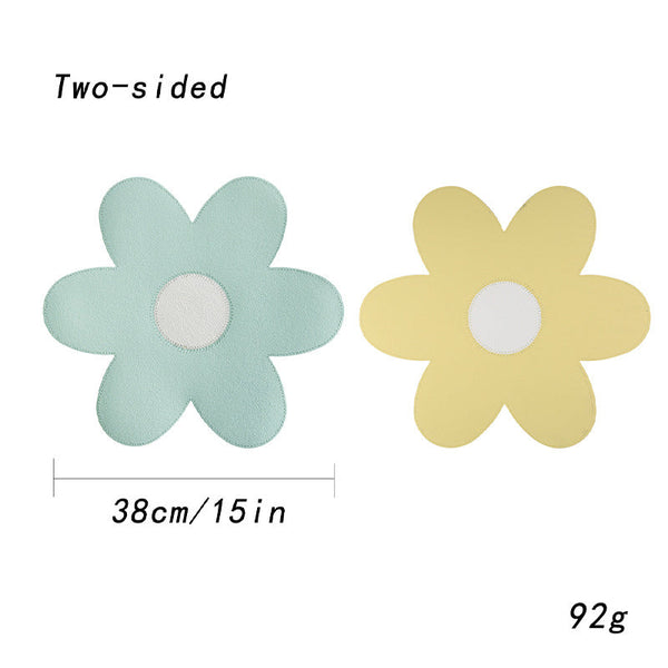 Blue Background With White Heart + Set Of 6 Reversible Flower Shaped Waterproof Pu Leather Dining Table Mats Placemats