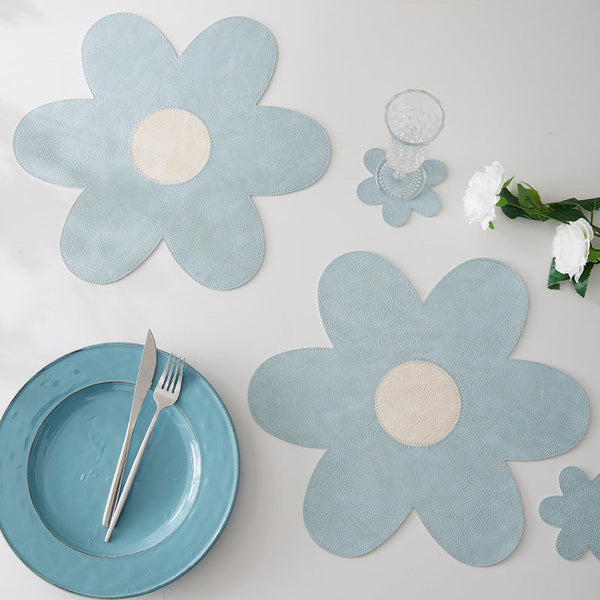 Blue Background With White Heart + Set Of 6 Reversible Flower Shaped Waterproof Pu Leather Dining Table Mats Placemats