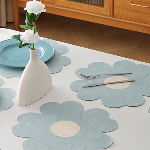 Blue Background With White Heart + Set Of 6 Reversible Flower Shaped Waterproof Pu Leather Dining Table Mats Placemats