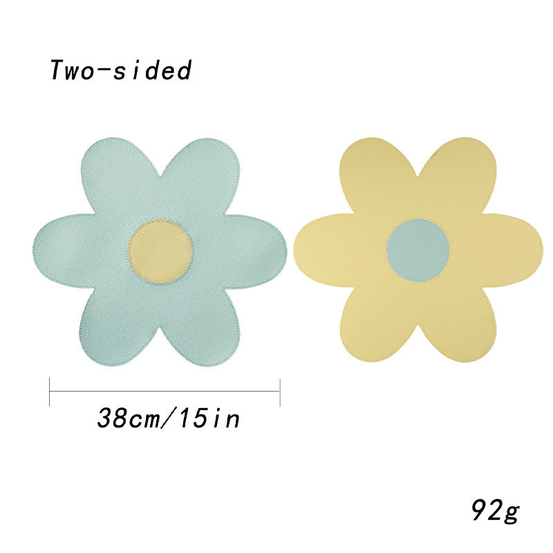 Blue Background With Yellow Heart + Set Of 6 Reversible Flower Shaped Waterproof Pu Leather Dining Table Mats Placemats