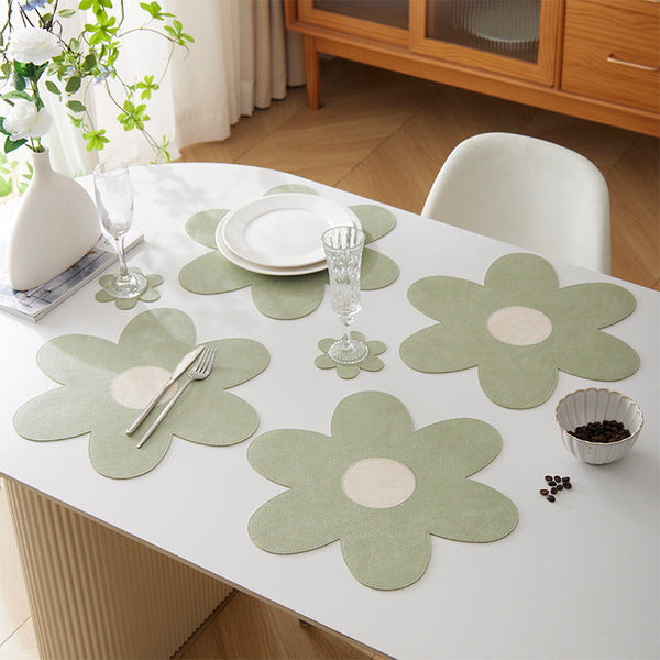 Blue Background With Yellow Heart + Set Of 6 Reversible Flower Shaped Waterproof Pu Leather Dining Table Mats Placemats
