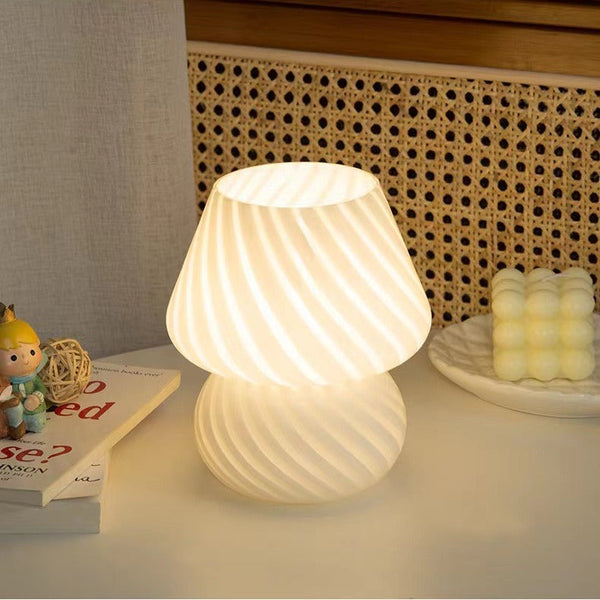 White Retro Swirl Glass Mushroom Table Lamp Usb Powered 3 Level Dimmable Bedside Accent Light Lamps