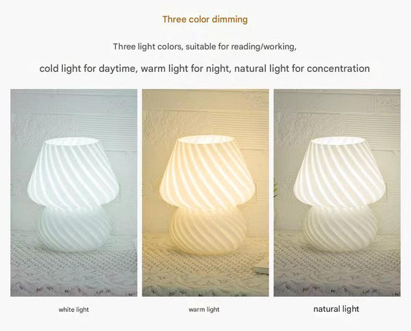 White Retro Swirl Glass Mushroom Table Lamp Usb Powered 3 Level Dimmable Bedside Accent Light Lamps
