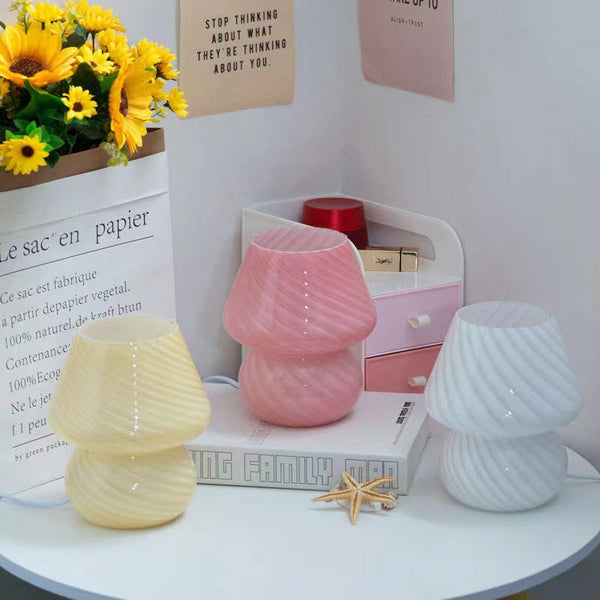 Pink Retro Swirl Glass Mushroom Table Lamp Usb Powered 3 Level Dimmable Bedside Accent Light Lamps