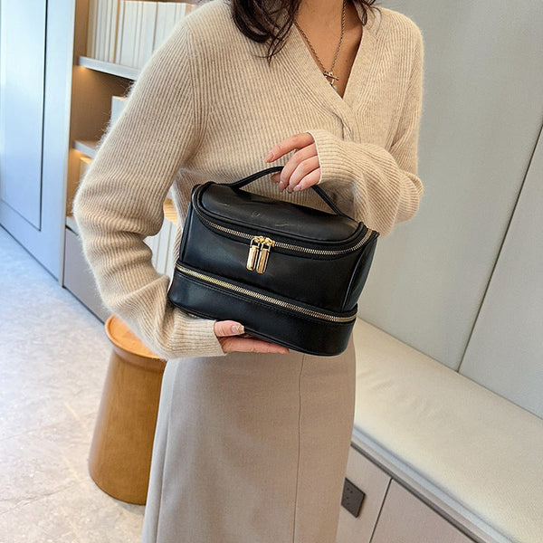 Black Large Capacity Double Layer Pu Leather Makeup Bag Portable Travel Cosmetic Organizer Case Makeup Bags & Cases