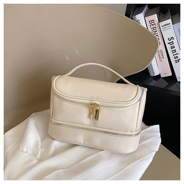 Beige Large Capacity Double Layer Pu Leather Makeup Bag Portable Travel Cosmetic Organiser Case Makeup Bags & Cases