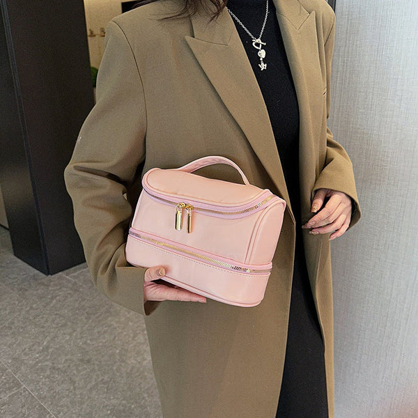 Pink Large Capacity Double Layer Pu Leather Makeup Bag Portable Travel Cosmetic Organiser Case Makeup Bags & Cases