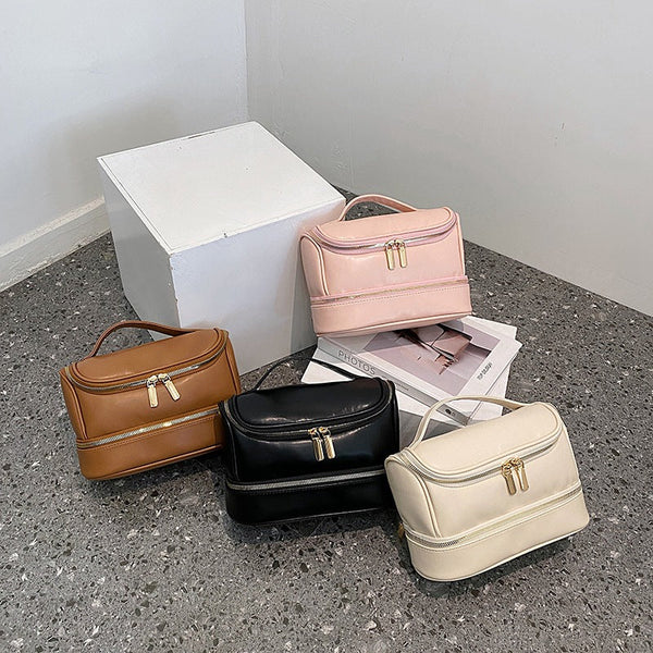 Pink Large Capacity Double Layer Pu Leather Makeup Bag Portable Travel Cosmetic Organiser Case Makeup Bags & Cases