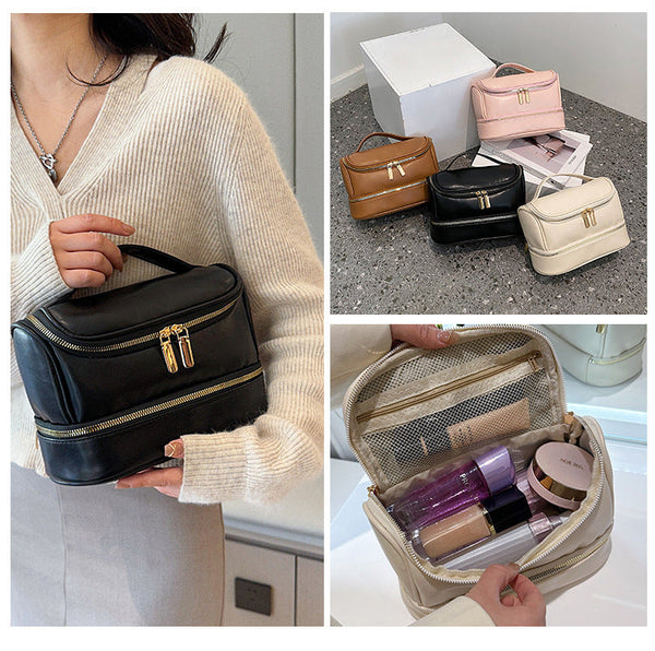 Pink Large Capacity Double Layer Pu Leather Makeup Bag Portable Travel Cosmetic Organiser Case Makeup Bags & Cases