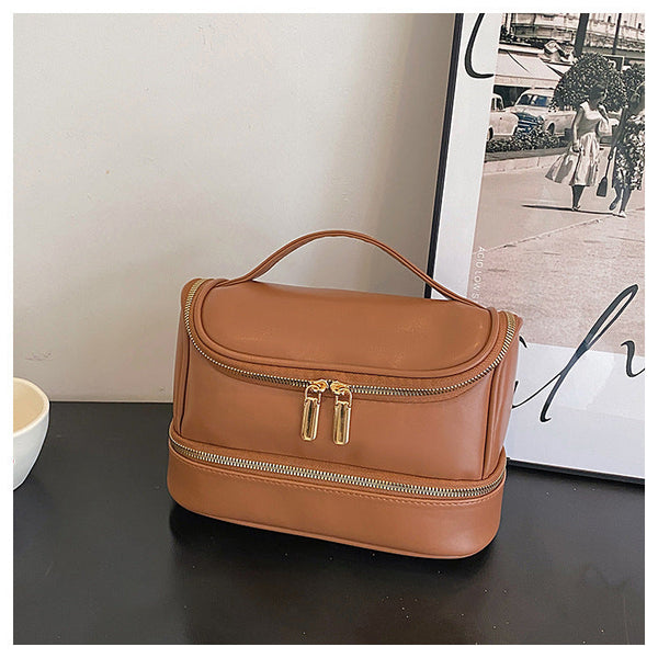 Brown Large Capacity Double Layer Pu Leather Makeup Bag Portable Travel Cosmetic Organizer Case Makeup Bags & Cases