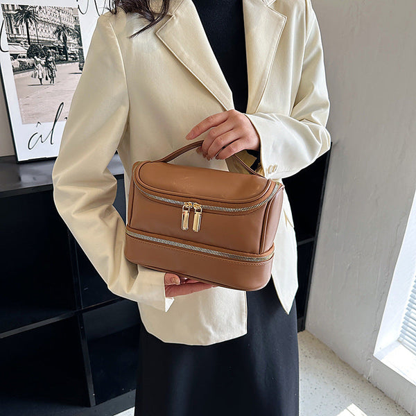 Brown Large Capacity Double Layer Pu Leather Makeup Bag Portable Travel Cosmetic Organizer Case Makeup Bags & Cases