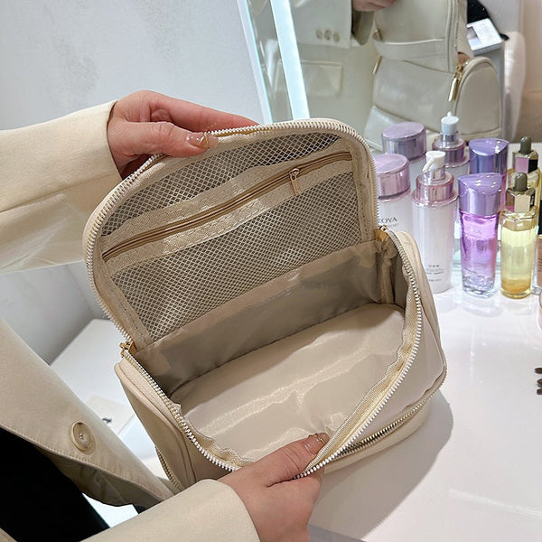 Brown Large Capacity Double Layer Pu Leather Makeup Bag Portable Travel Cosmetic Organizer Case Makeup Bags & Cases