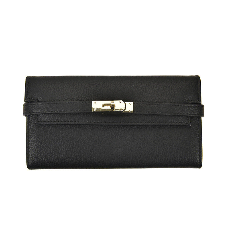 Black Elegant Women's Turn Lock Long Wallet Pu Leather Clutch Purse With Card Slots & Zipper Pocket Wallets