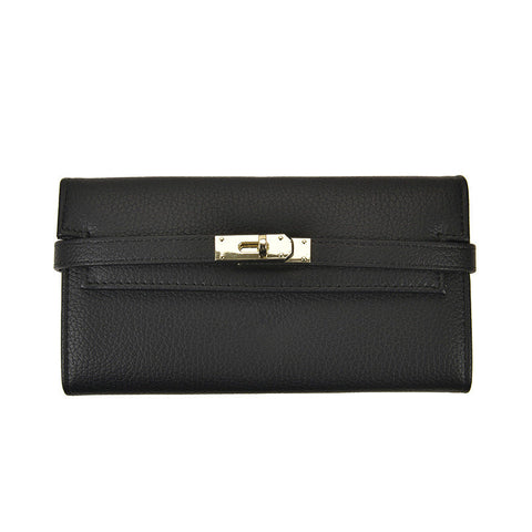 Black Elegant Women's Turn Lock Long Wallet Pu Leather Clutch Purse With Card Slots & Zipper Pocket Wallets