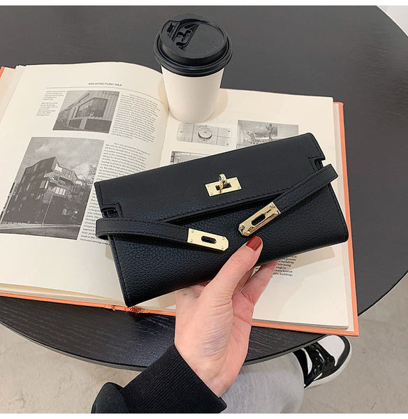 Black Elegant Women's Turn Lock Long Wallet Pu Leather Clutch Purse With Card Slots & Zipper Pocket Wallets