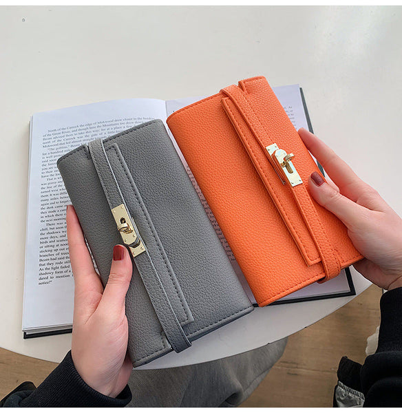 Orange Elegant Women's Turn Lock Long Wallet Black Pu Leather Clutch Purse With Card Slots & Zipper Pocket Wallets